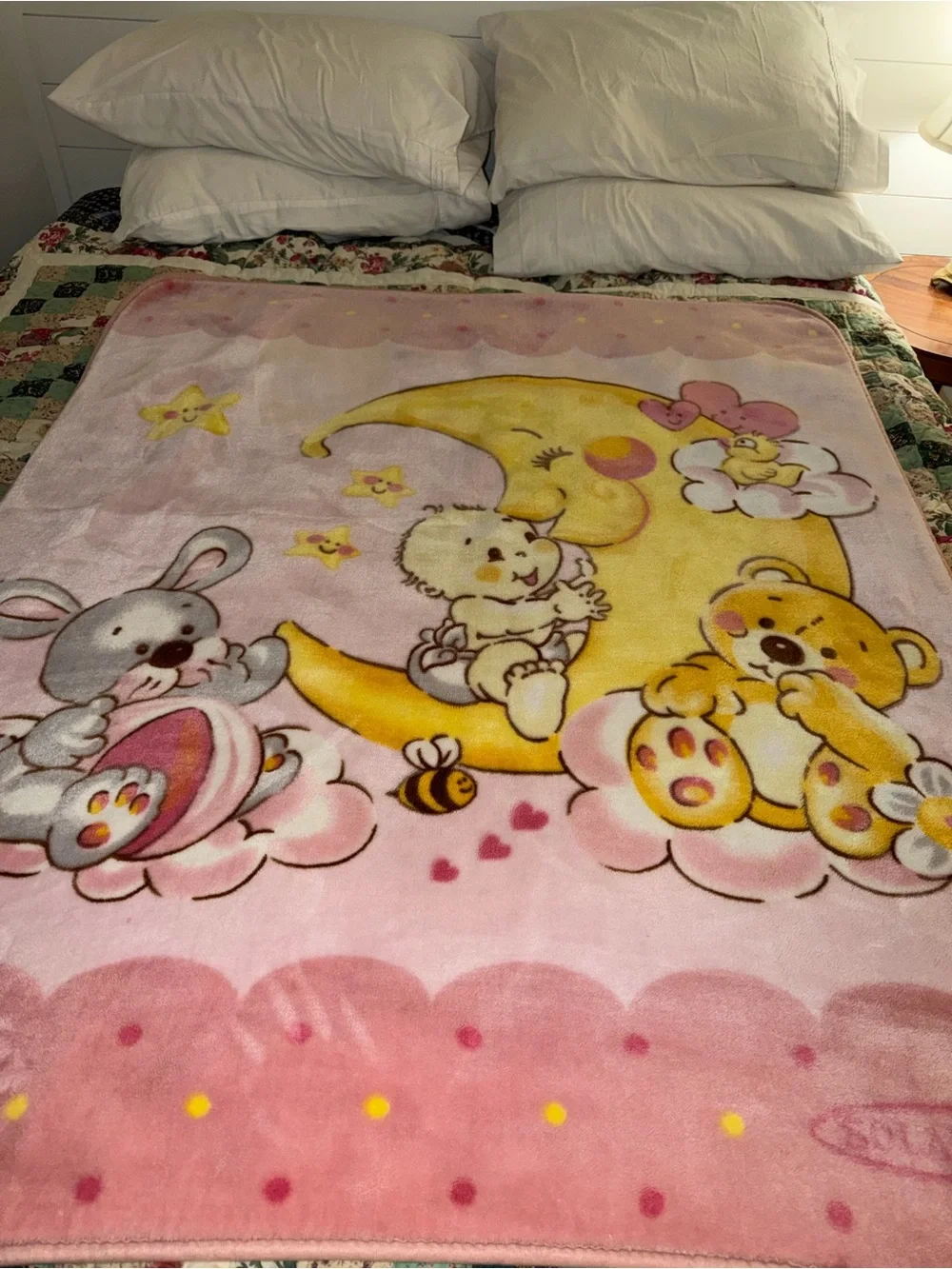 Solaron Vintage Plush Mink Baby Moon and Bear Baby Blanket. Near Mint